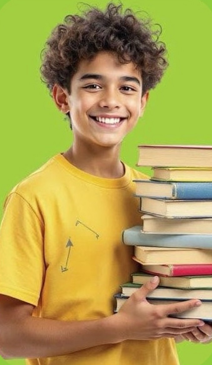 Smiling student holding a stack of books